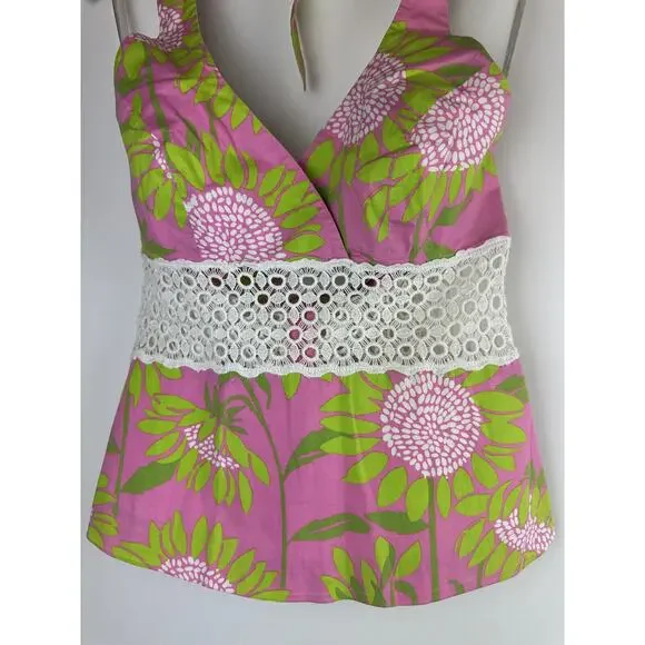 VTG Y2K Lilly Pulizter Chantel Halter Top Palm Beach Hibiscus Pink Womens Size 4 - Picture 5 of 7